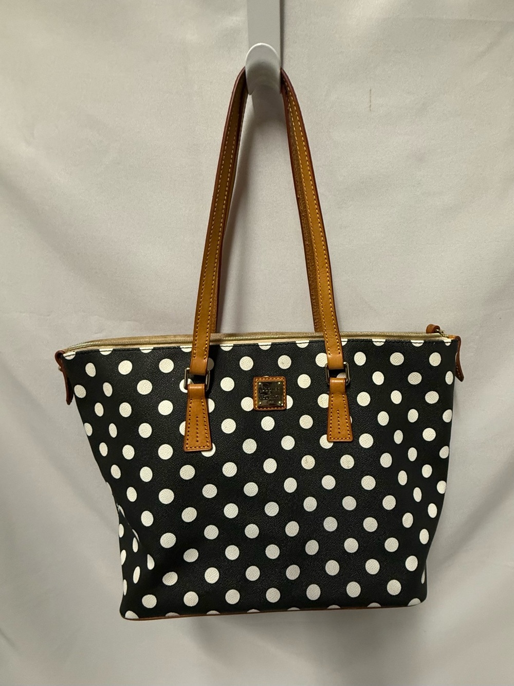 Dooney & Bourke Black & White Polka Dot Tote with Tan Handles